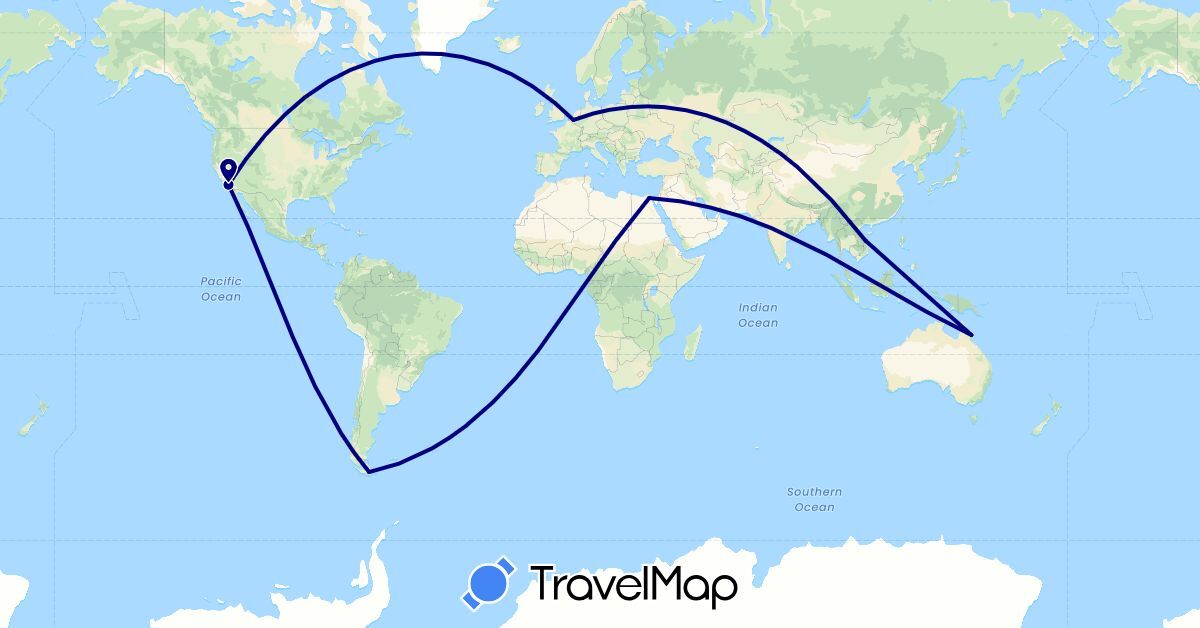 TravelMap itinerary: driving in Argentina, Australia, Belgium, Egypt, United States, Vietnam (Africa, Asia, Europe, North America, Oceania, South America)